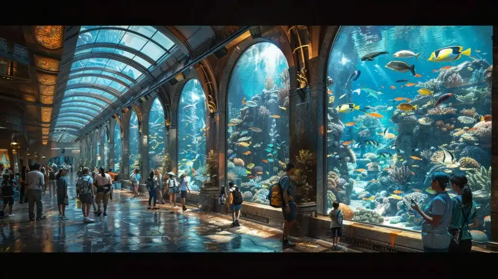 A bustling aquarium scene featuring a diverse team of aquarists engaged in various tasks