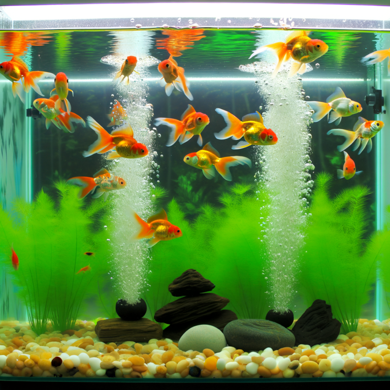An aquarium with multiple goldfish swimming among green plants and rocks. Semi-aquatic plants for aquariums add a natural touch. Bubbles rise from two aerators on the tank floor, and pebbles cover the bottom.
