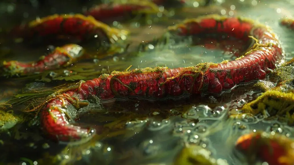Bloodworms in a muddy pond with algae and aquatic plants, emphasizing their red color and segmented bodies.