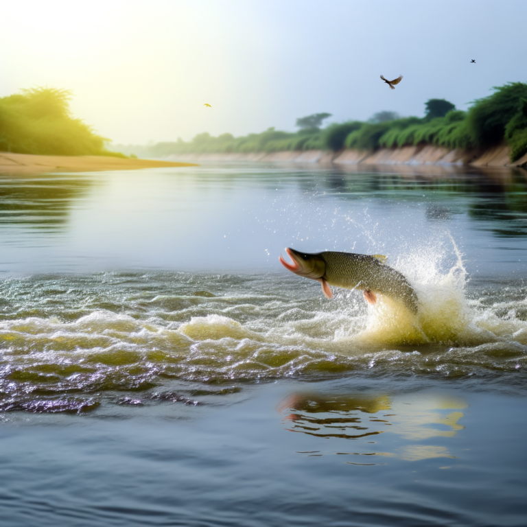 A freshwater fish with teeth leaps out of the water in a river, surrounded by greenery and trees, with birds flying in the sky above.