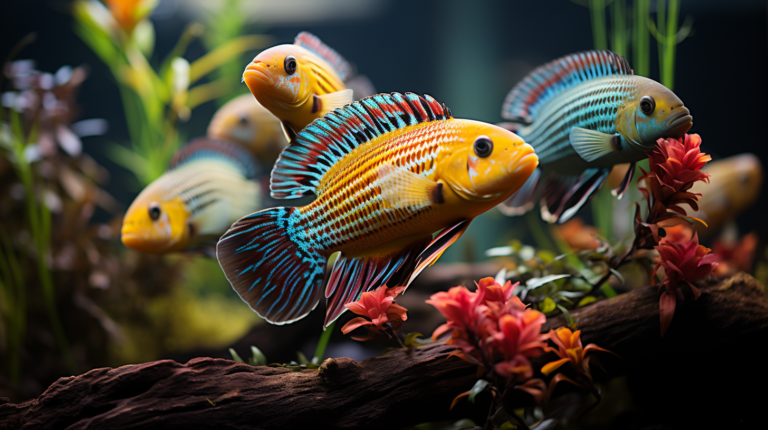 A close-up of colorful tropical fish, including vibrant male and female cichlids, swimming among plants and rocks in a well-lit aquarium.