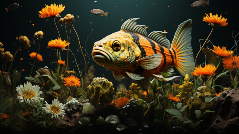 A large, striped fish swims among bright orange and white flowers and green plants, underwater with smaller fish in the background. Curious how big do Bumblebee Catfish get? These distinctive creatures add an extra layer of intrigue to the vibrant aquatic scene.