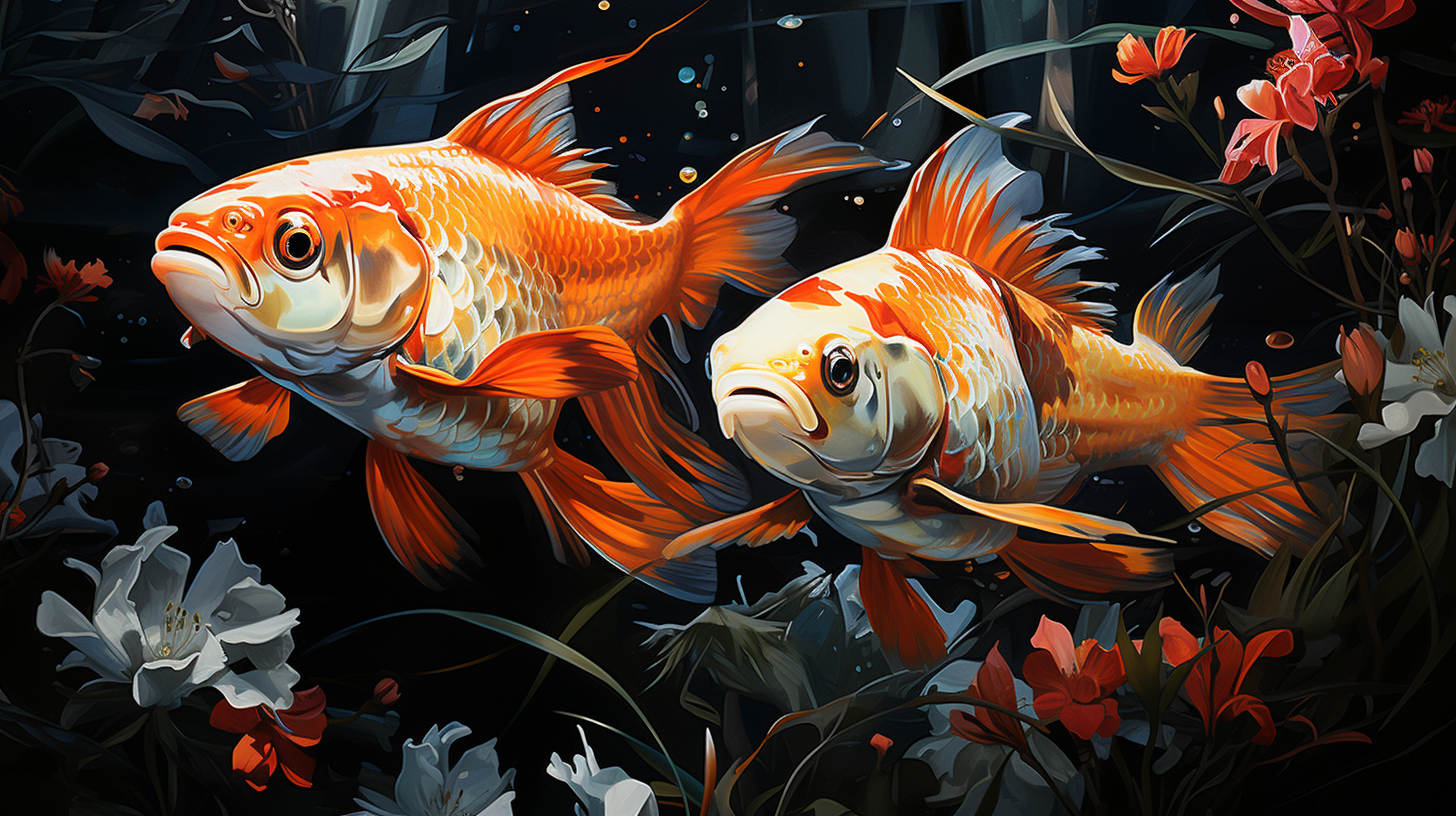 Two orange and white fish, one with a slightly swollen abdomen, swim together among flowers in a dark, underwater environment. Bubbles rise around them, and the water is filled with various types and colors of flowers.