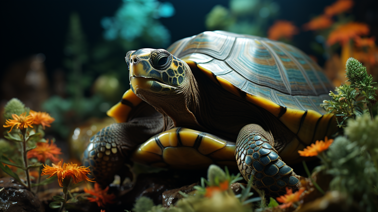 A turtle with a patterned shell is surrounded by vibrant orange flowers and greenery, creating a natural habitat reminiscent of a 10-gallon tank.