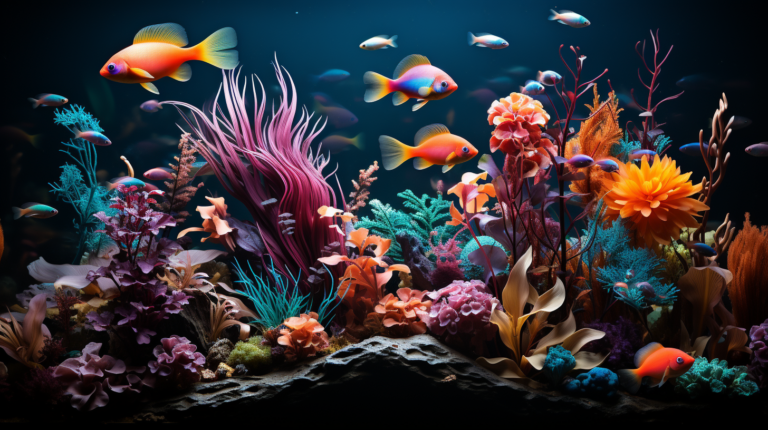 A vibrant underwater scene with various colorful fish swimming amid coral reefs, sea anemones, and aquatic plants. The image showcases diversity in marine life and vivid hues of orange, pink, and blue, making it a perfect inspiration for finding the coolest fish for a 20-gallon tank.