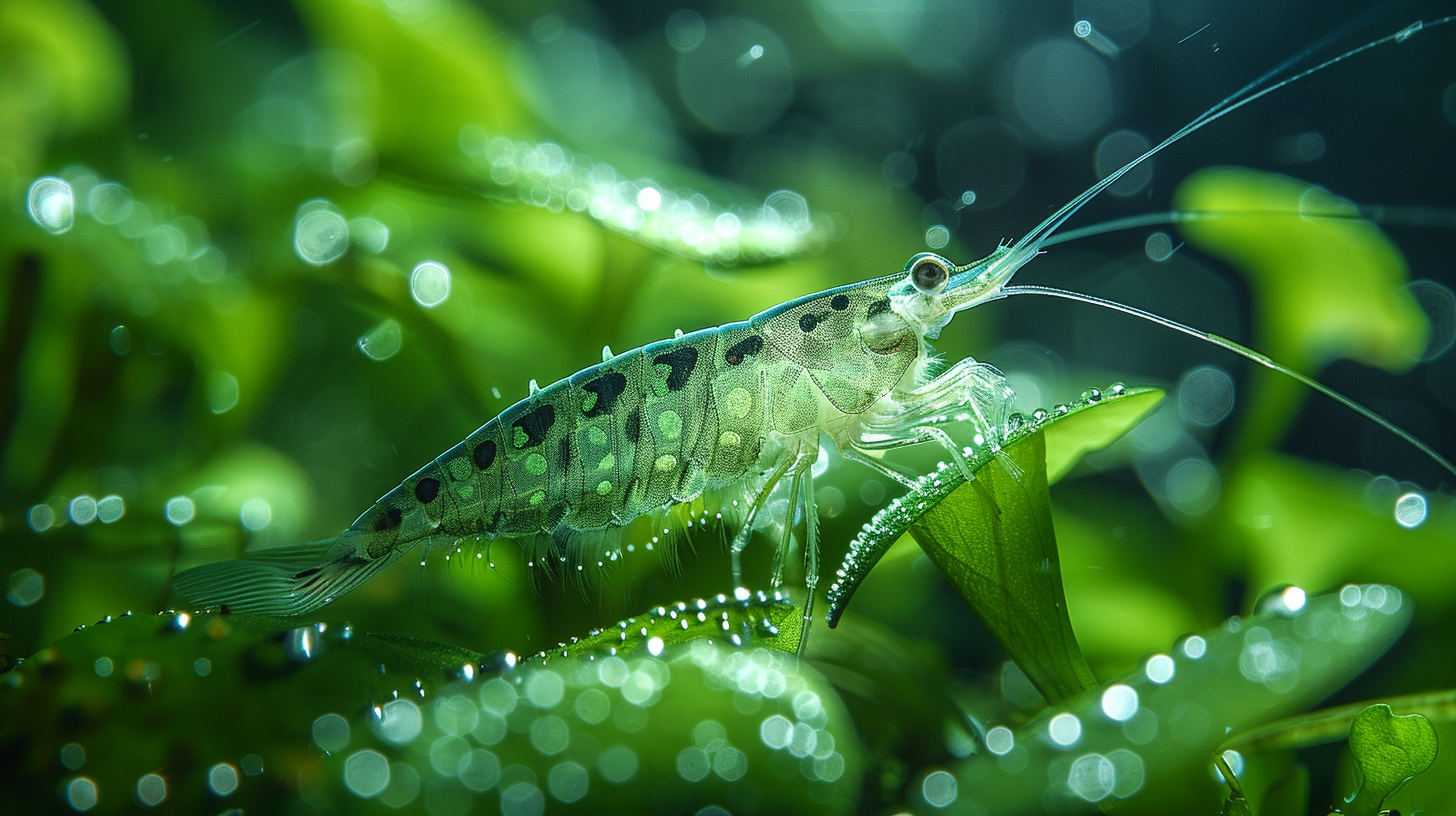 A shrimp with dotted patterns on its body is perched on a green leaf in a water environment, perhaps pondering what do scuds eat. The image is detailed, with water droplets and a blurred green background.
