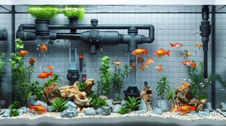 A well-maintained aquarium featuring various goldfish, rocks, plants, and advanced filtration system components against a tiled background showcases essential parts of a fish tank filter.
