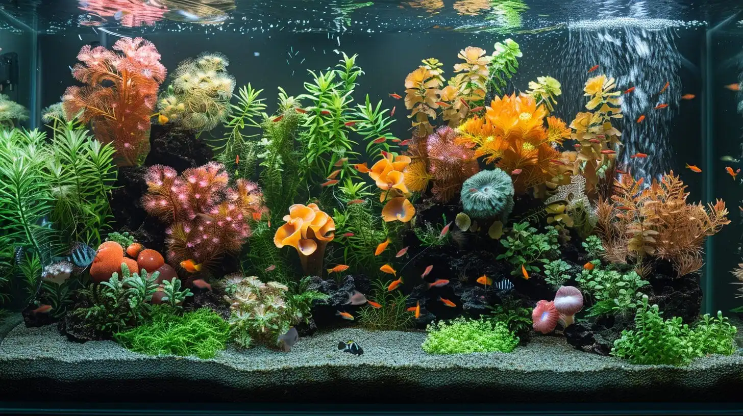 A well-maintained Planaria fish tank boasts a variety of colorful coral, plants, and small fish swimming throughout. The tank includes bright orange, pink, and green elements.