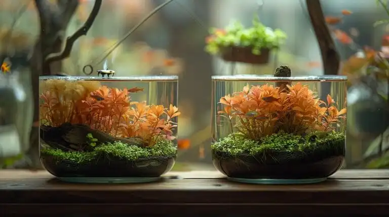 Two small aquariums with orange plants, green moss, and decorative driftwood sit side by side on a wooden surface, carefully positioned to consider the weight of fish tanks.