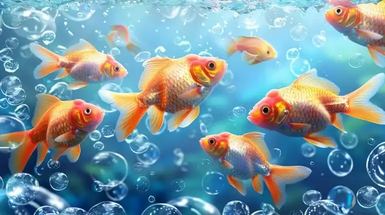Several goldfish swim among bubbles in the clear blue water of a fish tank.