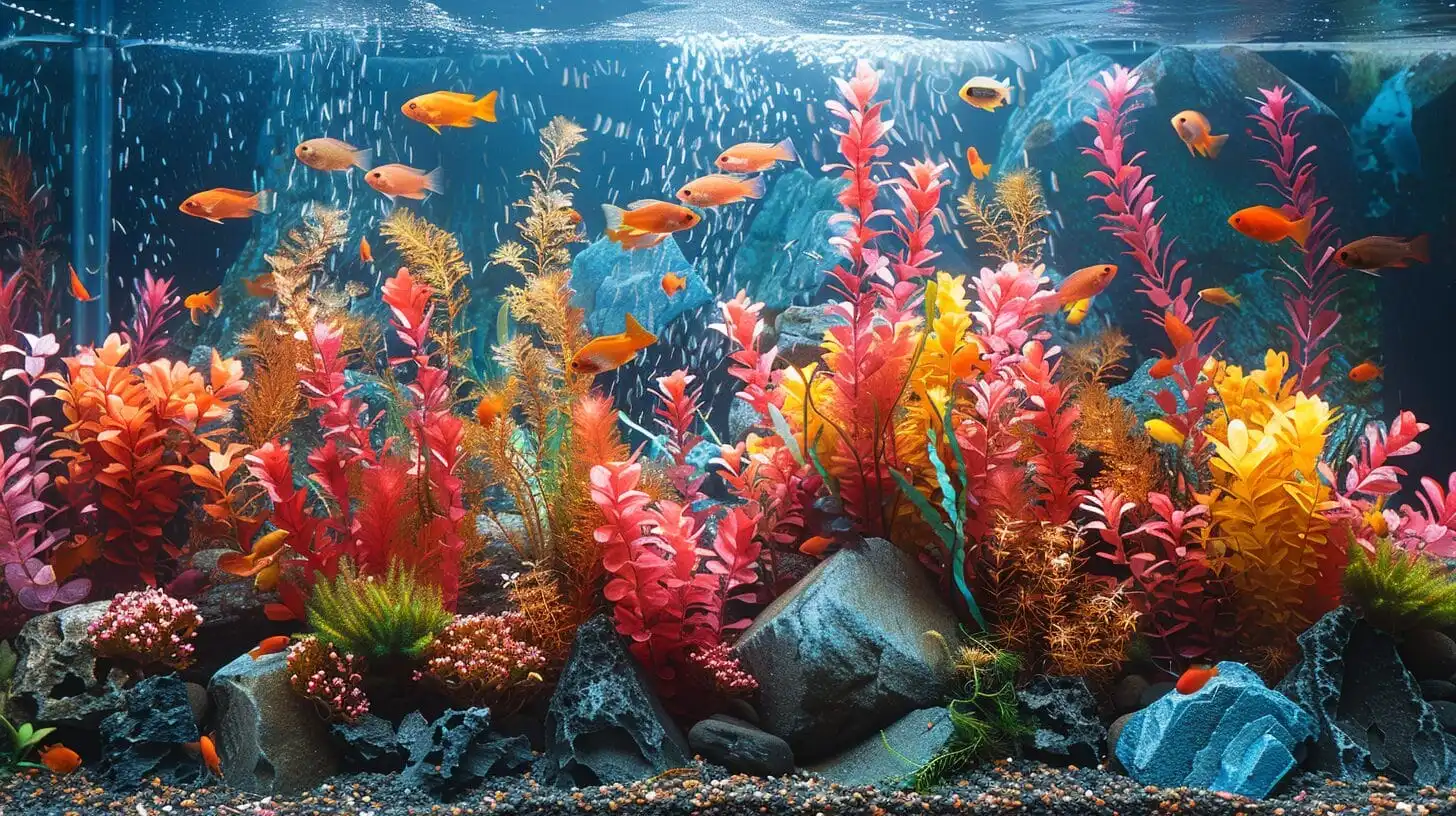 An aquarium filled with colorful fish swimming among vibrant artificial corals and plants, with rocks arranged at the bottom. Wondering about your 15-gallon tank? How many fish it can hold depends on their size and type, ensuring a beautiful, balanced aquatic habitat.