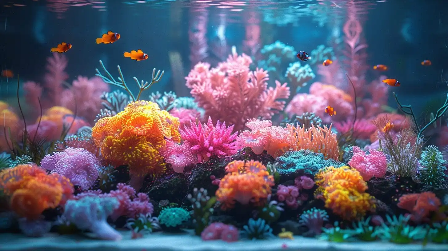 A vibrant underwater coral reef scene featuring various colorful corals and small fish swimming around, mirroring the thriving biodiversity found in high-volume fish tanks.