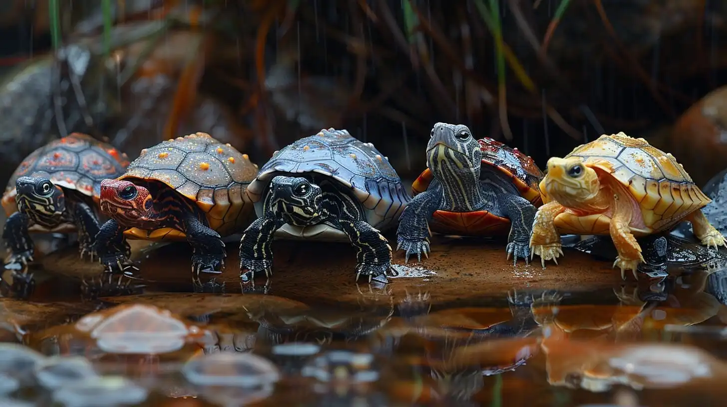 An image featuring various types of pet water turtles with unique shell patterns and colors, displayed in diverse aquatic environments.