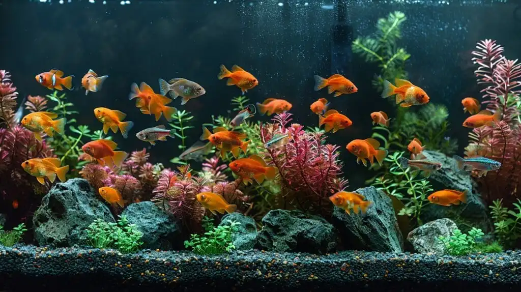 An image of a diverse soft water fish community in a beautifully decorated aquarium with a digital water hardness testing kit nearby.