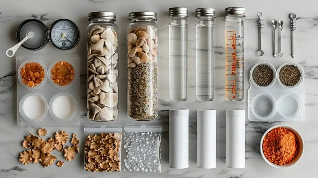 An image of a water testing kit, crushed coral, and a measuring spoon arranged neatly on a white surface.