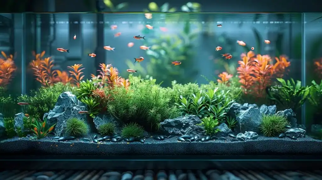 Modern, soundproofed fish tank filter in a calm aquarium setting.