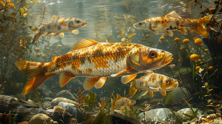 A group of koi fish swims gracefully among aquatic plants and rocks in a clear pond, leaving one to wonder, how big can minnows get in comparison?