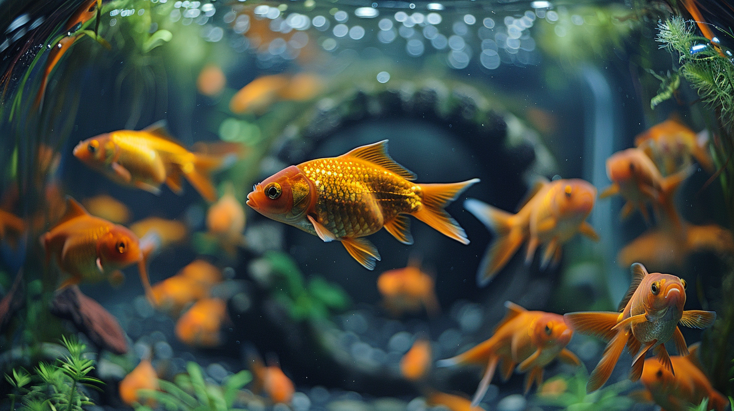 A group of orange goldfish swim gracefully in a fish tank adorned with plants and underwater decorations, maintained by an efficient DIY fish filter.