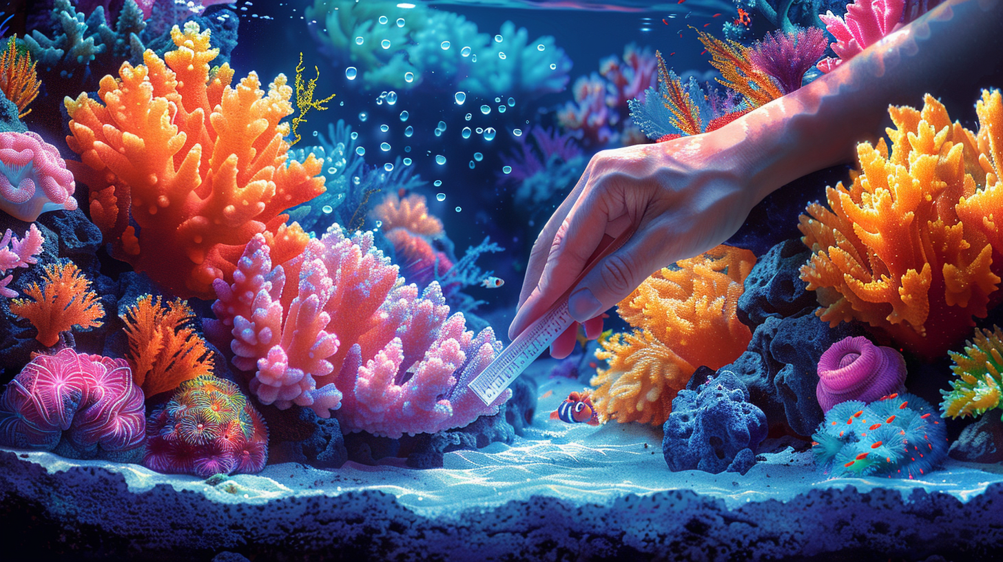 A hand holding a ruler measures colorful coral structures underwater, surrounded by various vibrant sea life, ensuring the ideal salinity for the reef tank.