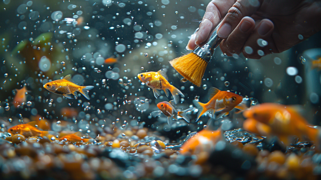 A hand holds a small brush, gently cleaning underwater while goldfish swim around, unaware that the fish tank filter is not working after cleaning. Pebbles and plants are visible in the background.