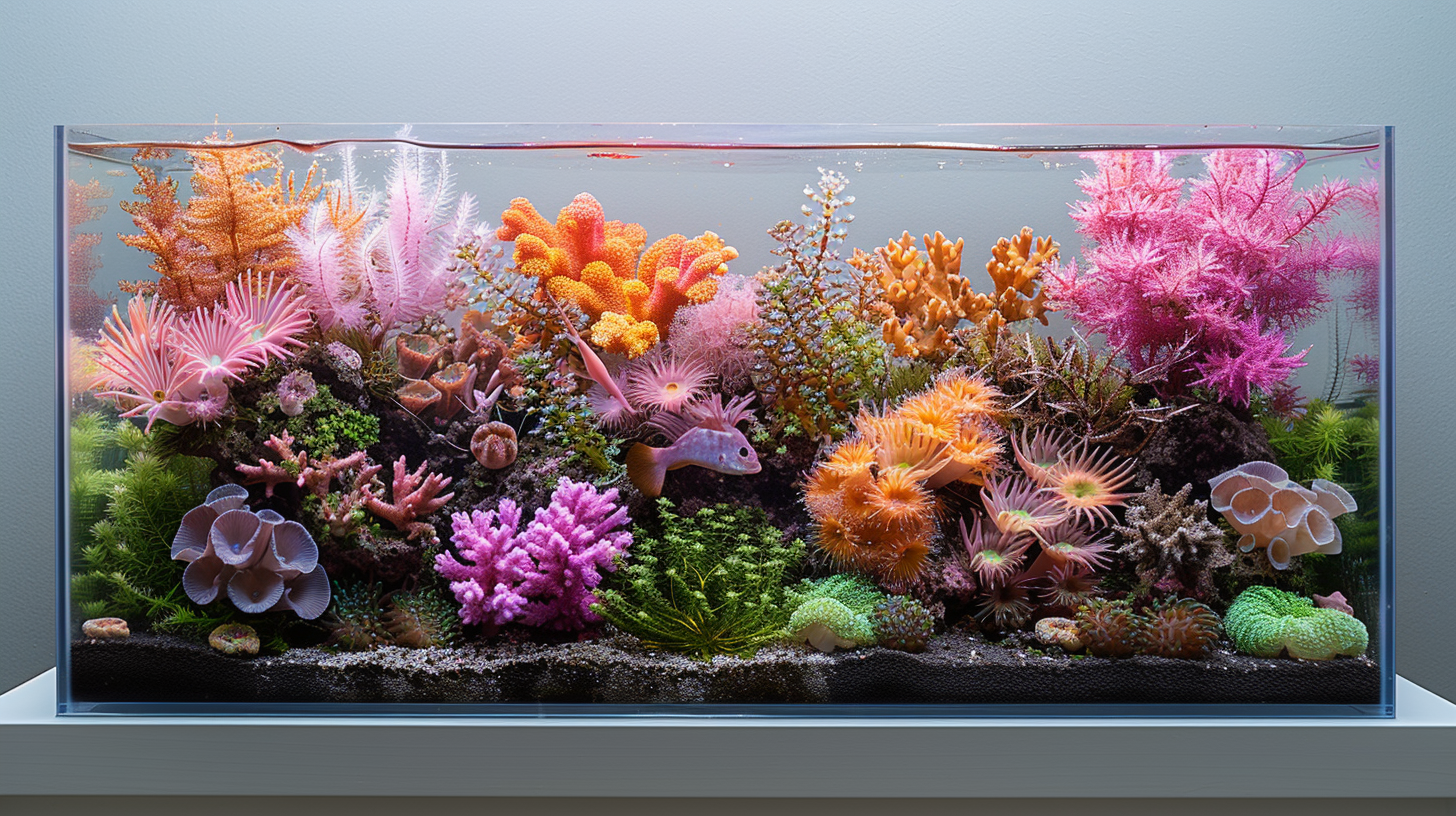 A Nano Tang tank filled with a variety of colorful corals and aquatic plants, as well as a few small fish swimming amongst them. The rectangular aquarium is mounted on a white stand against a plain wall.