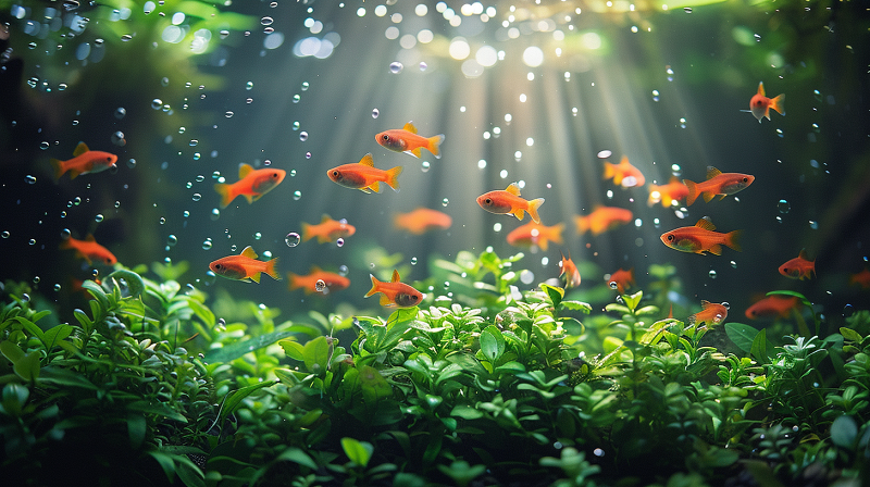A school of small orange fish swims among green aquatic plants in a well-lit underwater scene with bubbles and rays of sunlight breaking through the water, demonstrating the beauty one can achieve without wondering, "Can you over filter a fish tank?".