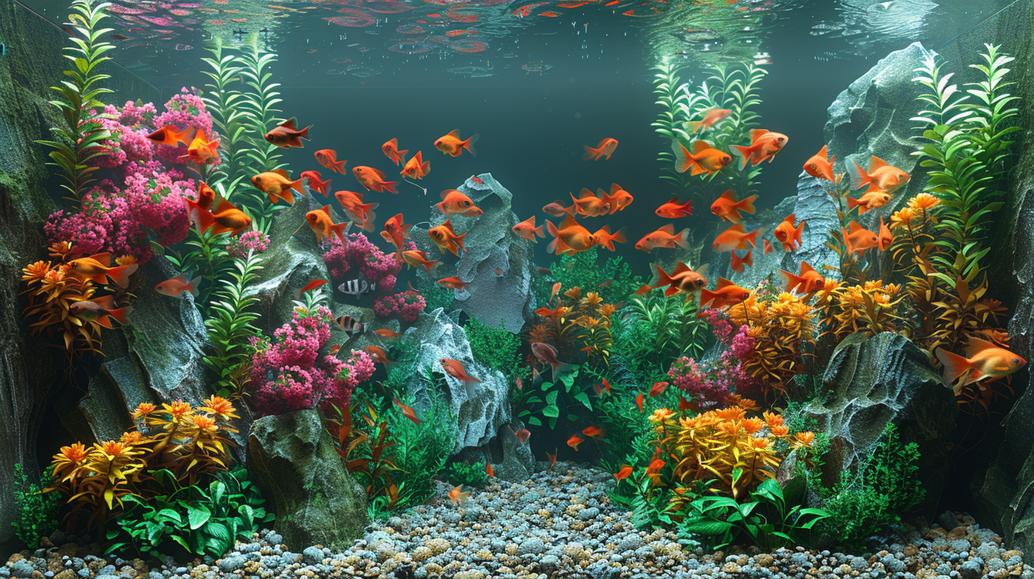 A vibrant underwater scene in a paradise fish tank with numerous orange fish swimming among green plants, colorful coral, and rock formations.
