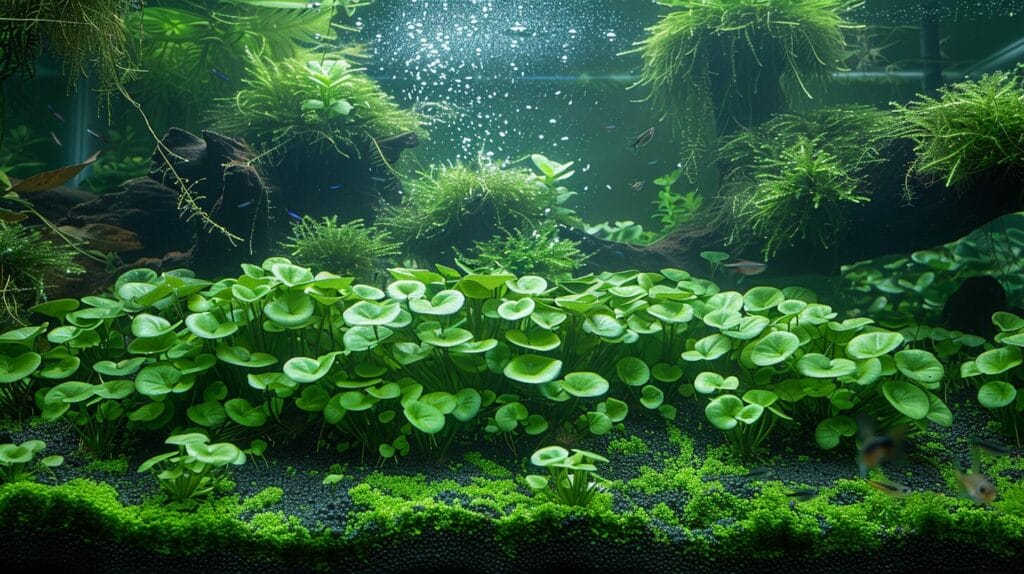 A healthy aquarium carpet plant with clear water.