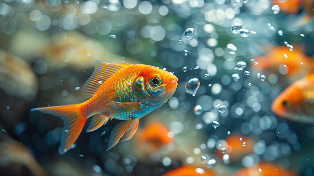 An image of a fish tank with a running filter, bubbles rising to the surface, and healthy, vibrant fish swimming in clear water