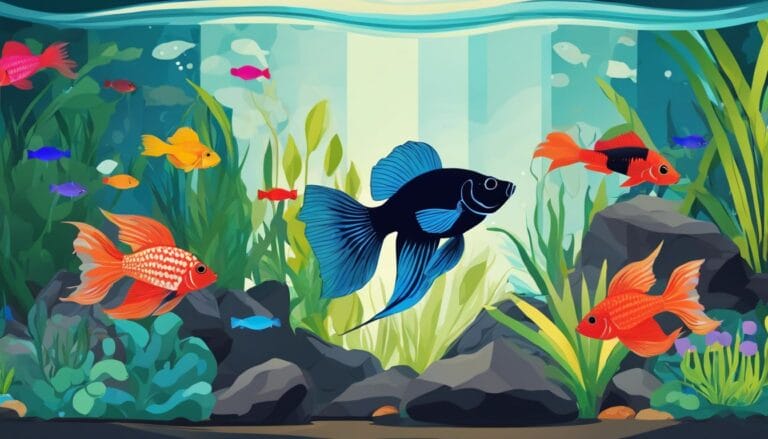 Illustration of a vibrant fish tank with various colorful fish, including a curious Betta, swimming among green plants, rocks, and bubbles. Can a Pleco live with a Betta? This harmonious aquatic scene suggests they just might!