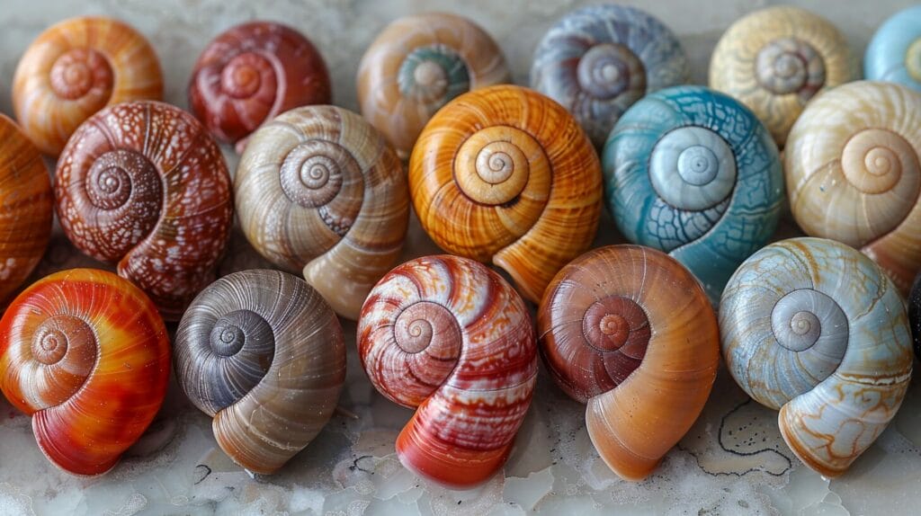 Collage of colorful, diverse snail shells.