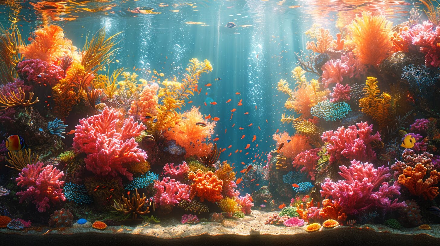 Colorful coral reef tank with diverse marine life.