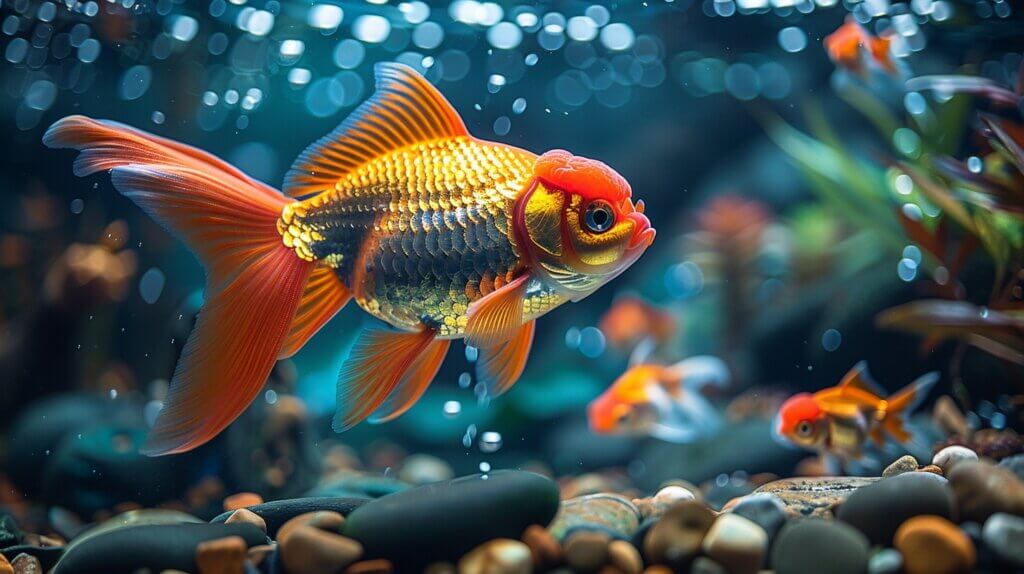 Comparison of goldfish sizes in clear aquarium, showcasing colors, shapes, and scale.