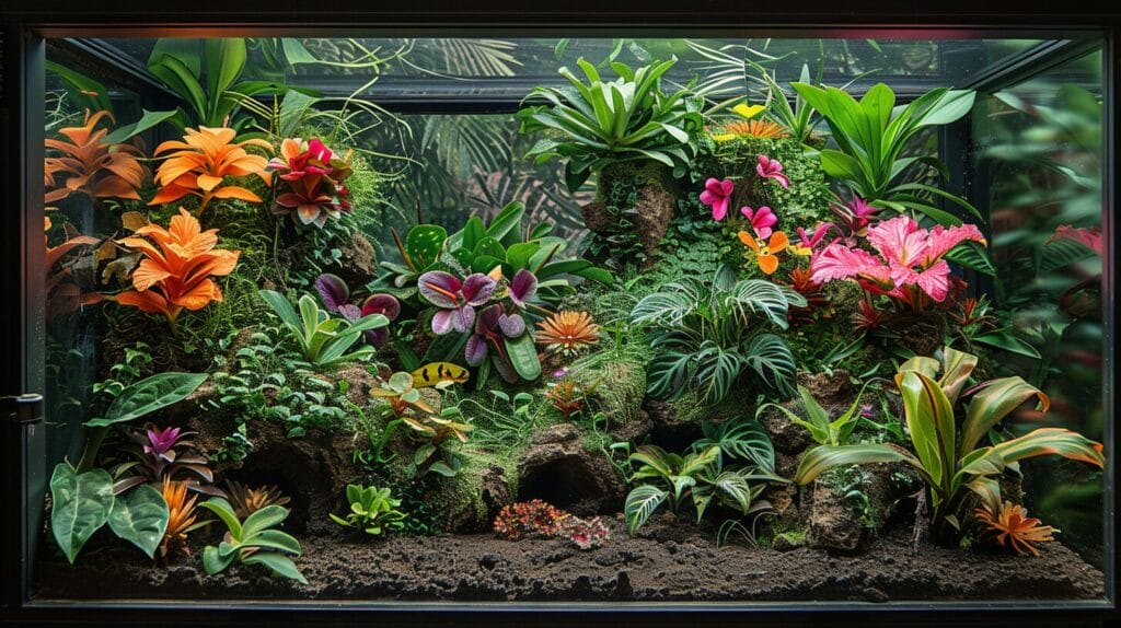Image displaying a well-kept terrarium with a damp substrate