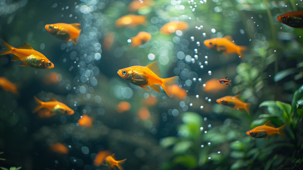 Image of a fish tank with a filter, bubbles rising from the filter output, and fish swimming peacefully