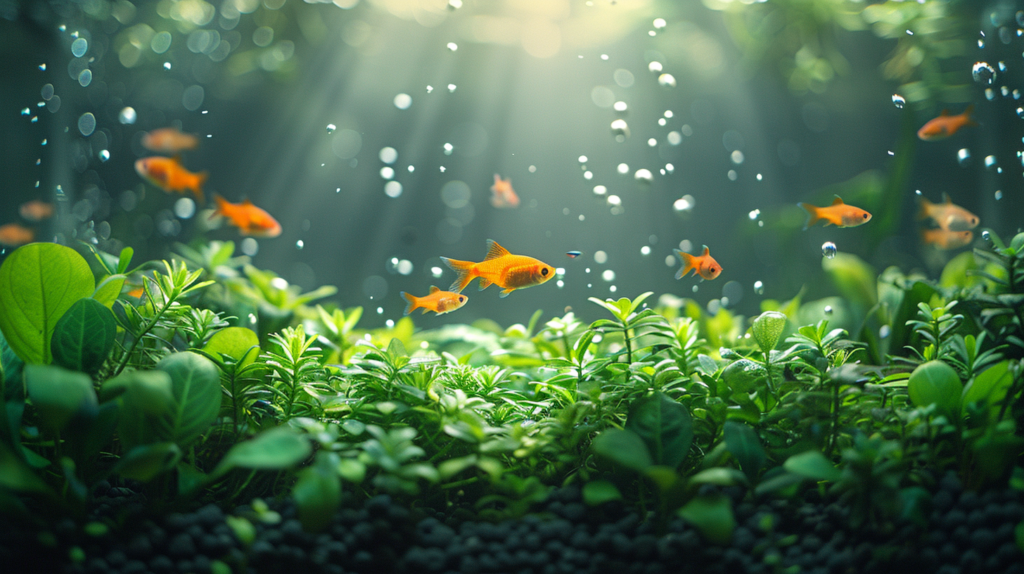 Image of a fish tank with a running filter, rising bubbles, and lush green aquatic plants