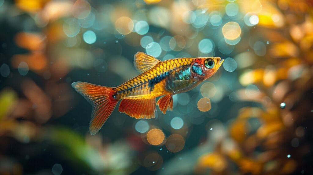 Image of a vibrant, healthy guppy swimming in a lush aquarium with colorful, nutrient-rich foods floating around, ready for pregnancy.