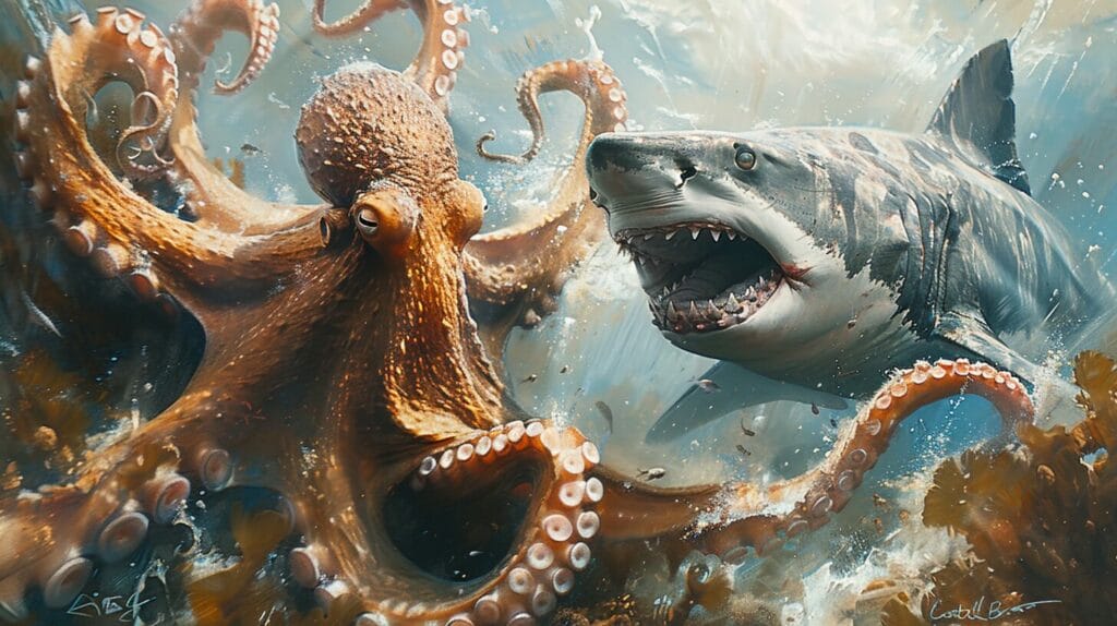 Intense scene of a fierce octopus and a powerful shark facing off in a clear ocean setting.