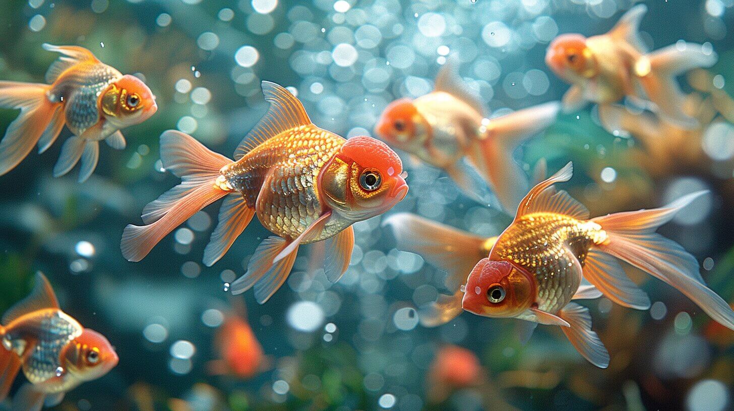 Large goldfish in clear aquarium with plants and pebbles, smaller goldfish nearby for size comparison.