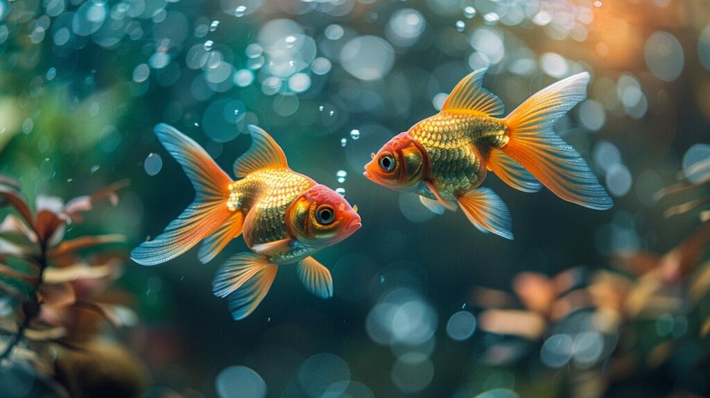 Male and female comet goldfish in spawning ritual, with egg release and fertilization scene.