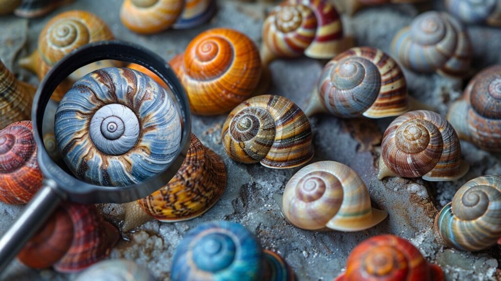Snail shells under magnification with color chart.