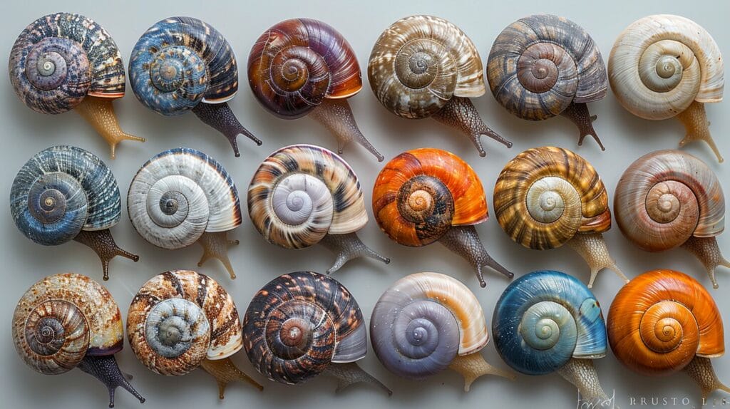 Snail shells with environment-influenced colors.