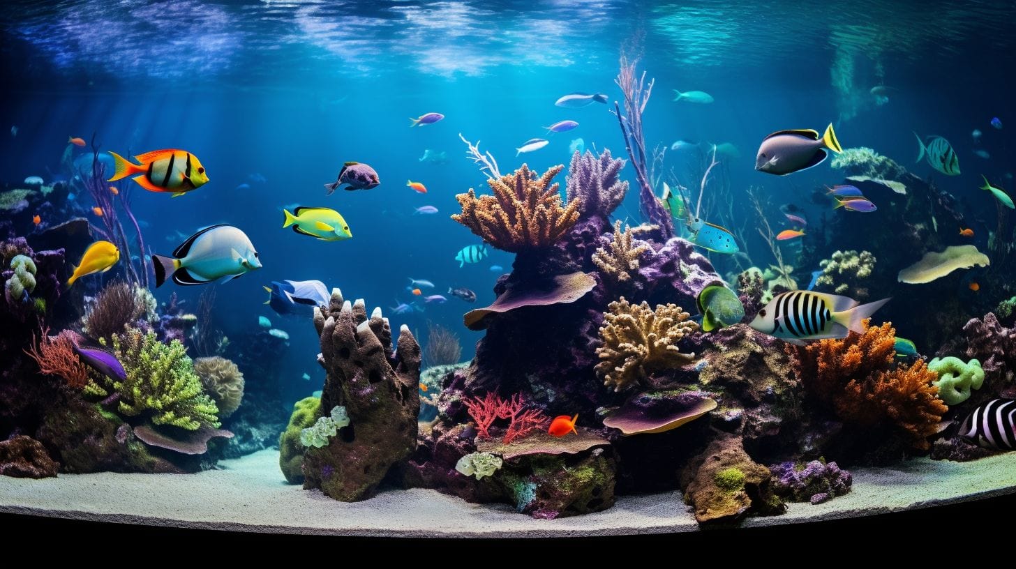 A diverse collection of fish in a populated aquarium How Many Saltwater Fish Per Gallon.
