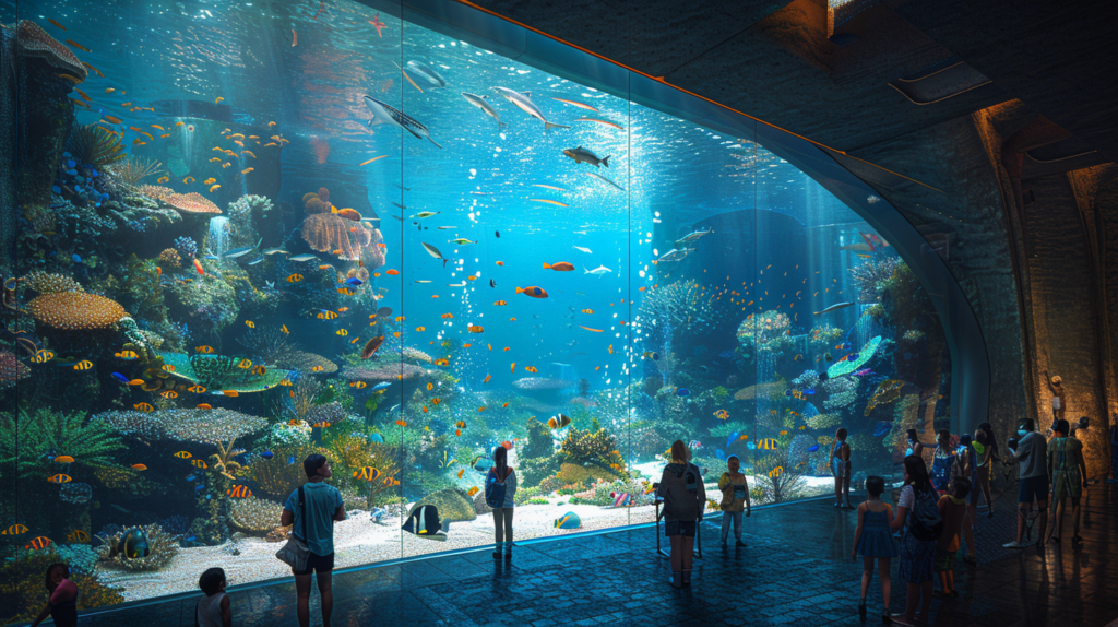 A large crowd of people observes a massive aquarium filled with different species of fish, marine life, and coral formations inside an indoor viewing area. This scene raises the question: Are all aquariums bad for the environment?
