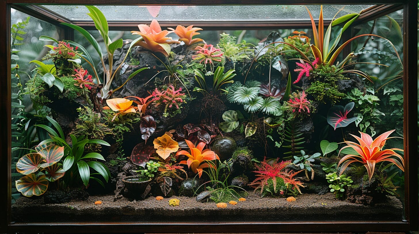 a large terrarium, abundant greenery, a small water pool, and assorted live insects for feeding.