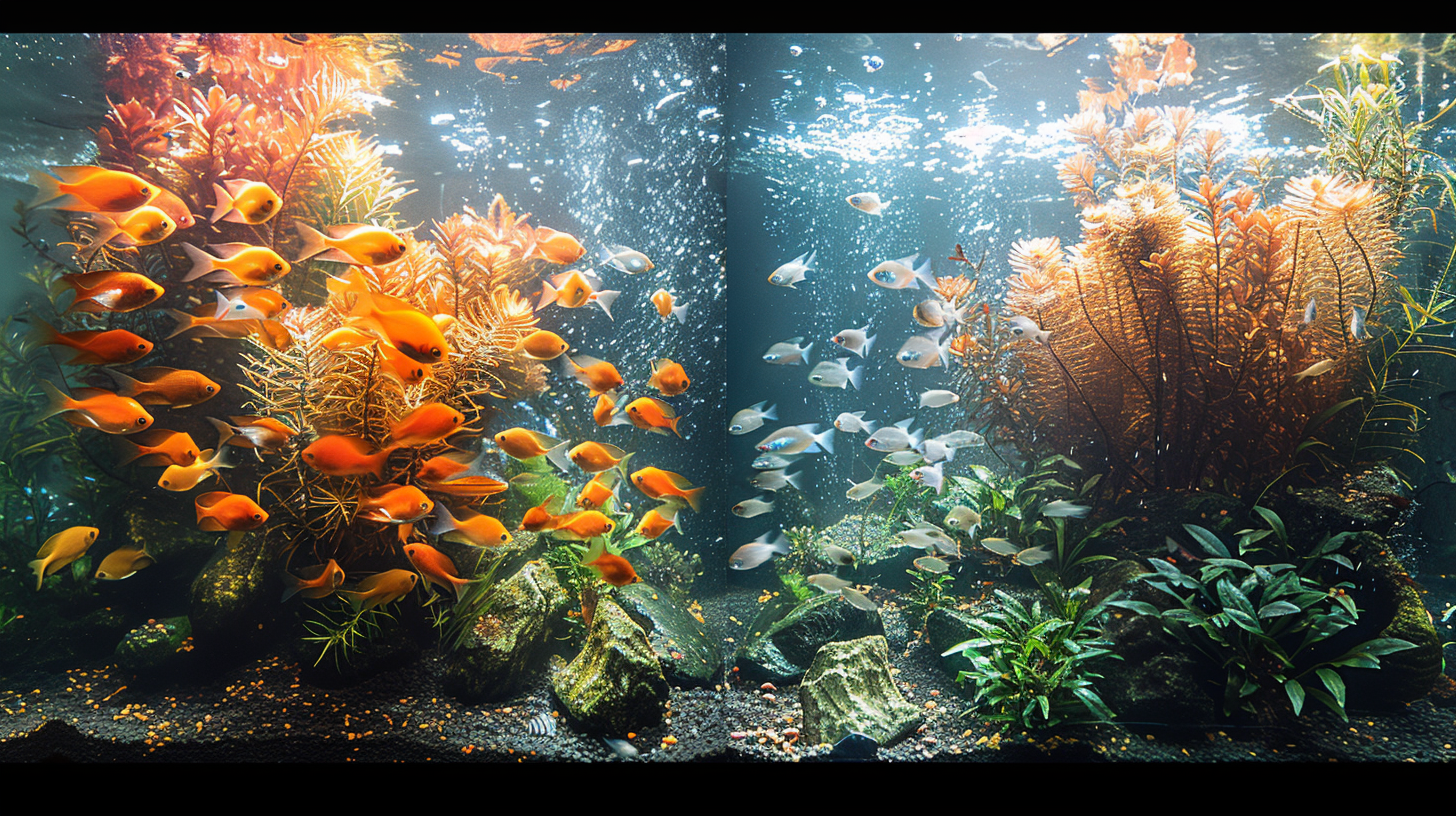 Contrast between vibrant and grim aquarium conditions.