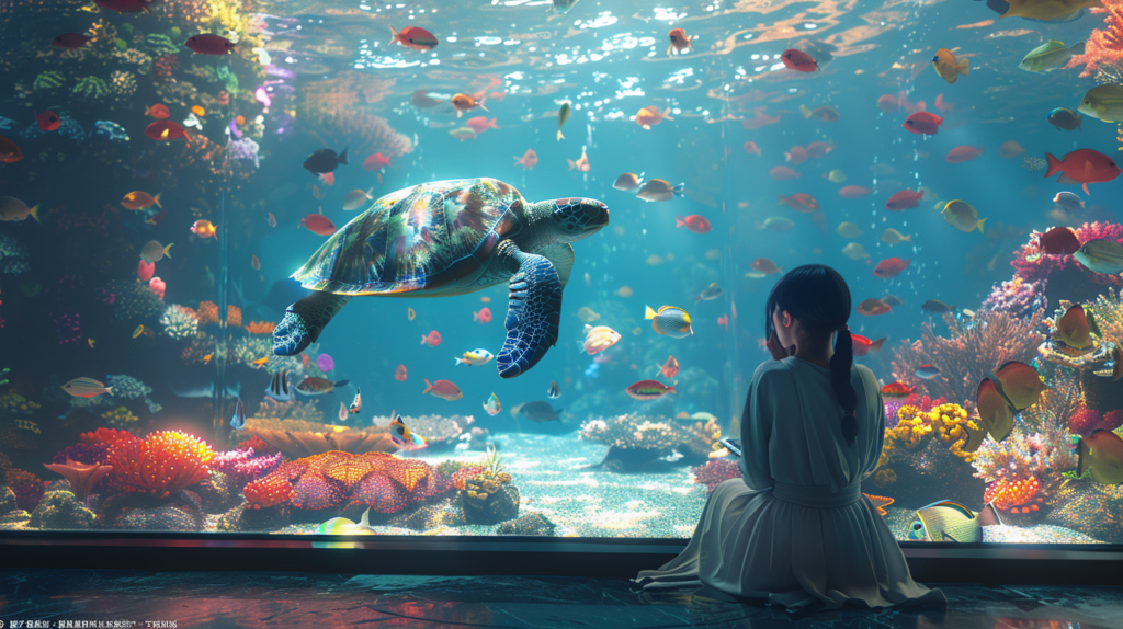 A person in a white dress sits on the floor in front of a large aquarium tank, watching a sea turtle swim among various colorful fish and coral. It makes one ponder the question: Are all aquariums bad?
