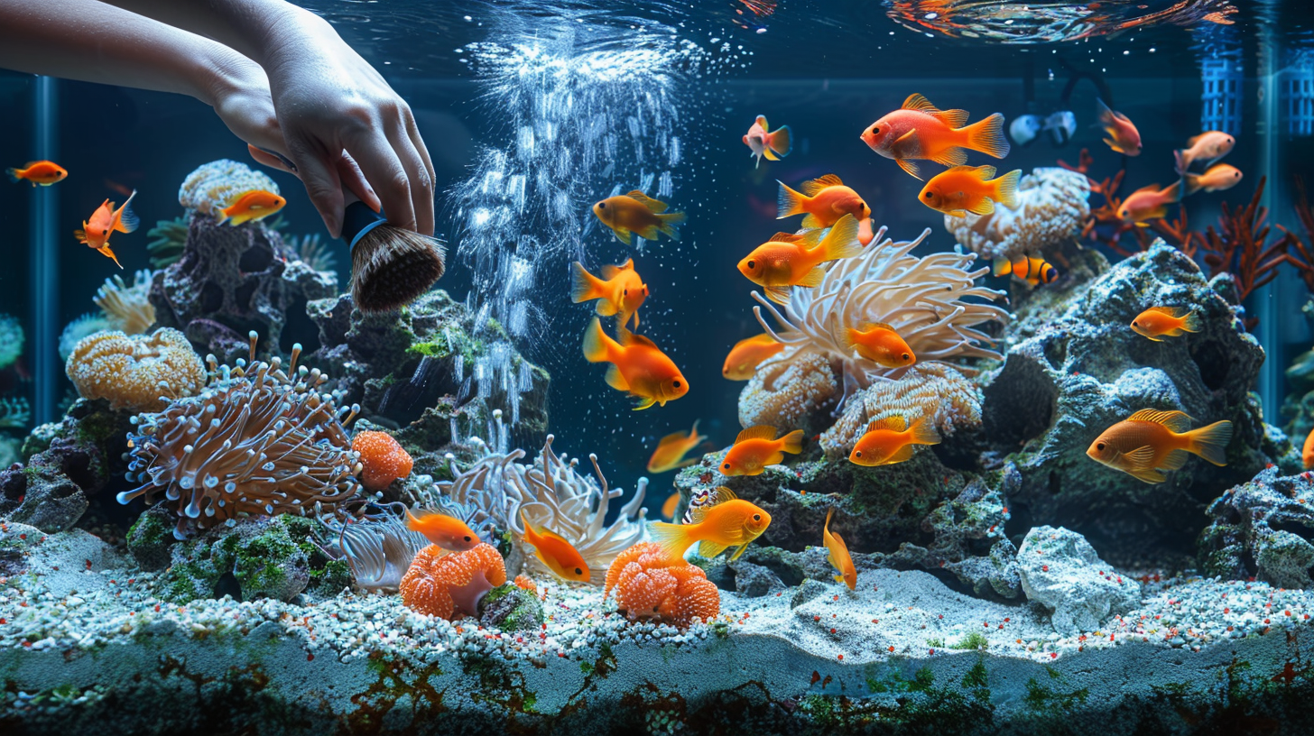 A person is feeding small orange fish in a coral-filled aquarium decorated with rocks, aquatic plants, and patches of white algae.