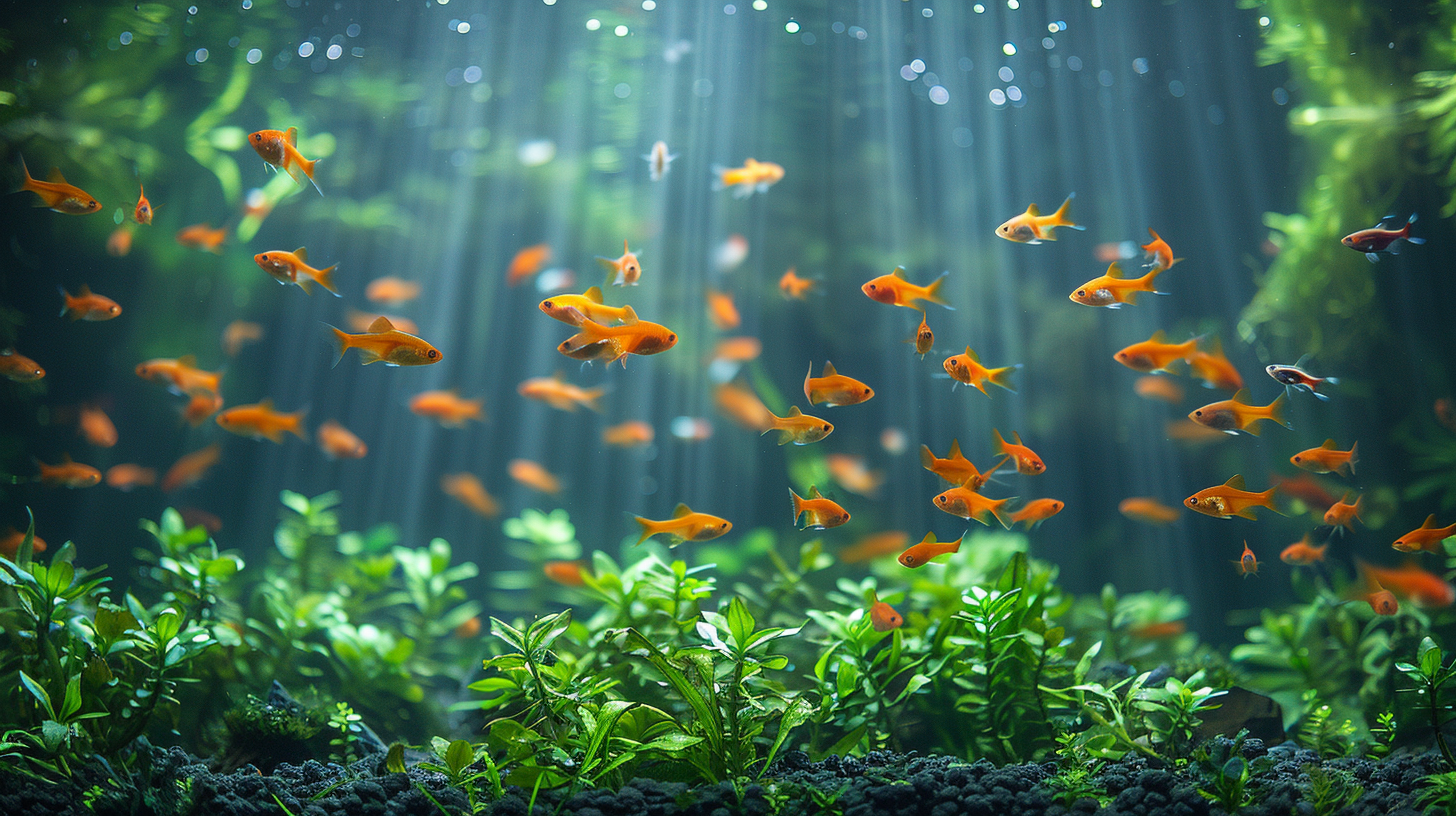 A vibrant aquarium with numerous small orange fish swimming above green aquatic plants, illuminated by beams of light filtering through the water, showcases intriguing patches of white algae in the aquarium.