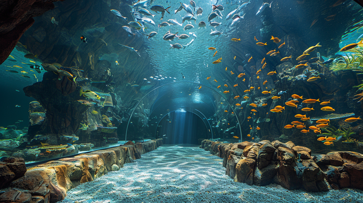 An underwater tunnel in an aquarium with various fish swimming above and around, surrounded by rocks and aquatic plants, prompts one to wonder: Are all aquariums bad, or do they offer a unique window into marine life?